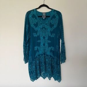 JOHNNY WAS EMBROIDERED TEAL DRESS XS